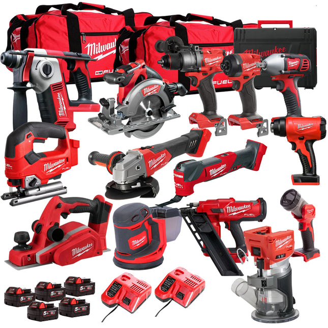 Milwaukee 18V 14 Piece Power Tool Kit with 5 x 5.0Ah Batteries T4TM-50 - MonkeyTools