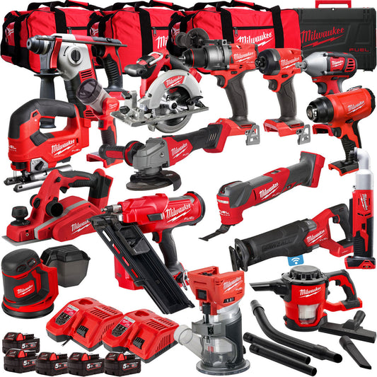 Milwaukee 18V 17 Piece Power Tool Kit with 5 x 5.0Ah Batteries T4TM-39 - MonkeyTools