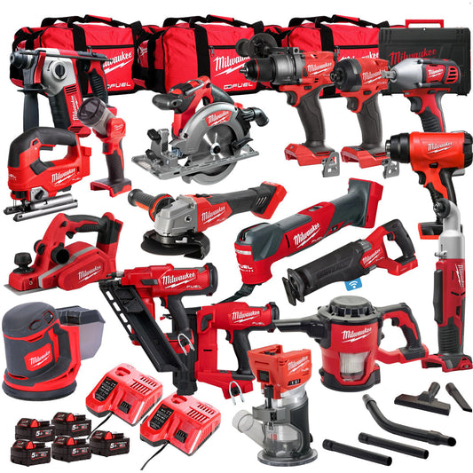 Milwaukee 18V 18 Piece Power Tool Kit with 5 x 5.0Ah Batteries T4TM-38 - MonkeyTools