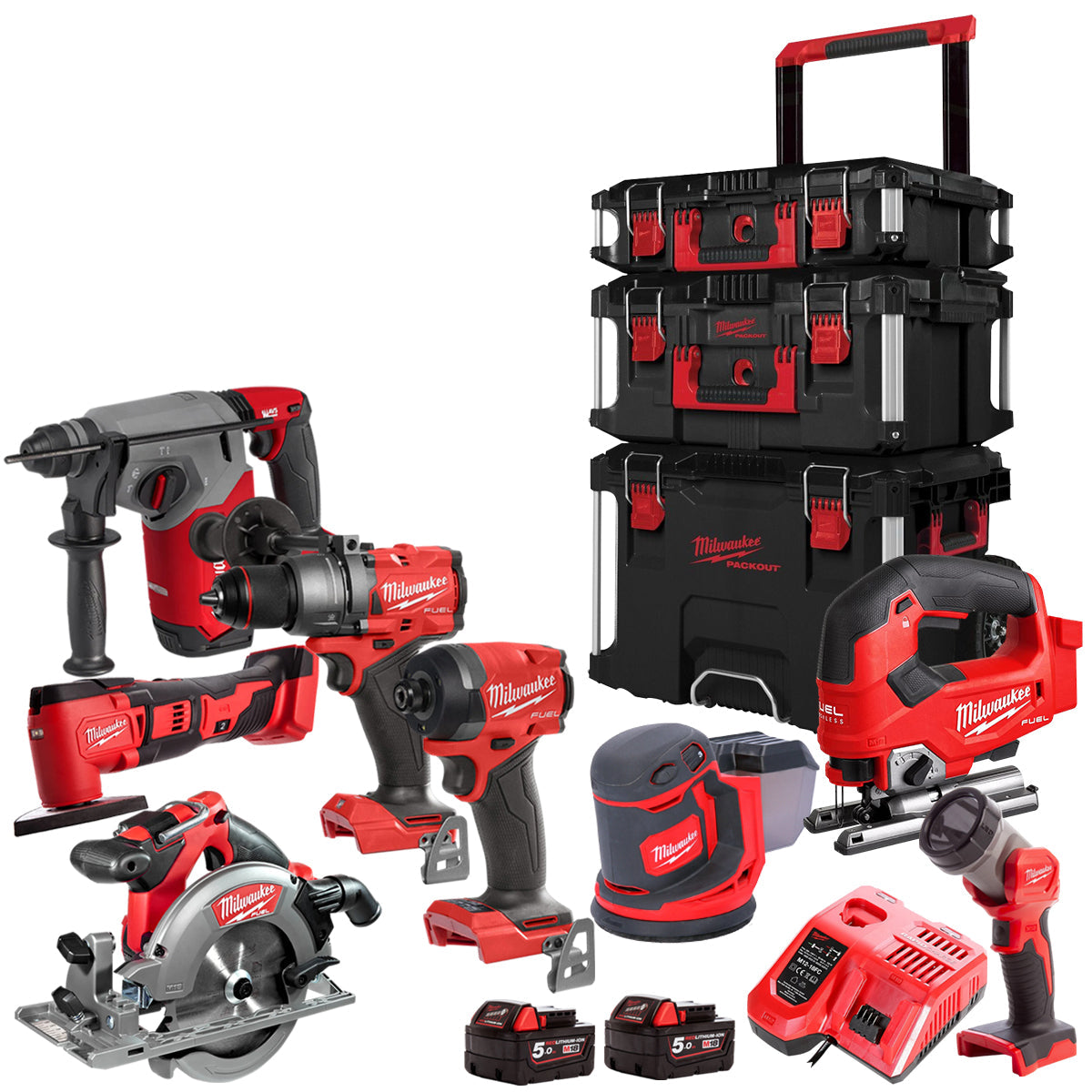 Milwaukee 18V 8 Piece Power Tool Kit With 2 x 5.0Ah Battery Charger & Trolley Toolbox - MonkeyTools