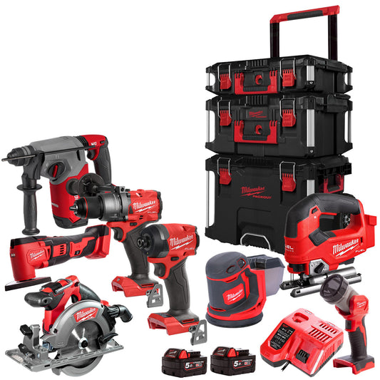 Milwaukee 18V 8 Piece Power Tool Kit With 2 x 5.0Ah Battery Charger & Trolley Toolbox - MonkeyTools