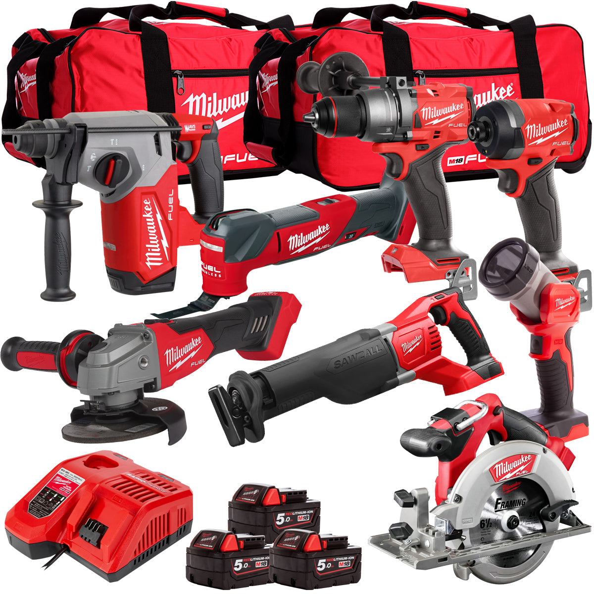 Milwaukee 18V 8 Piece Power Tool Kit with 3 x 5.0Ah Batteries T4TM-21 - MonkeyTools