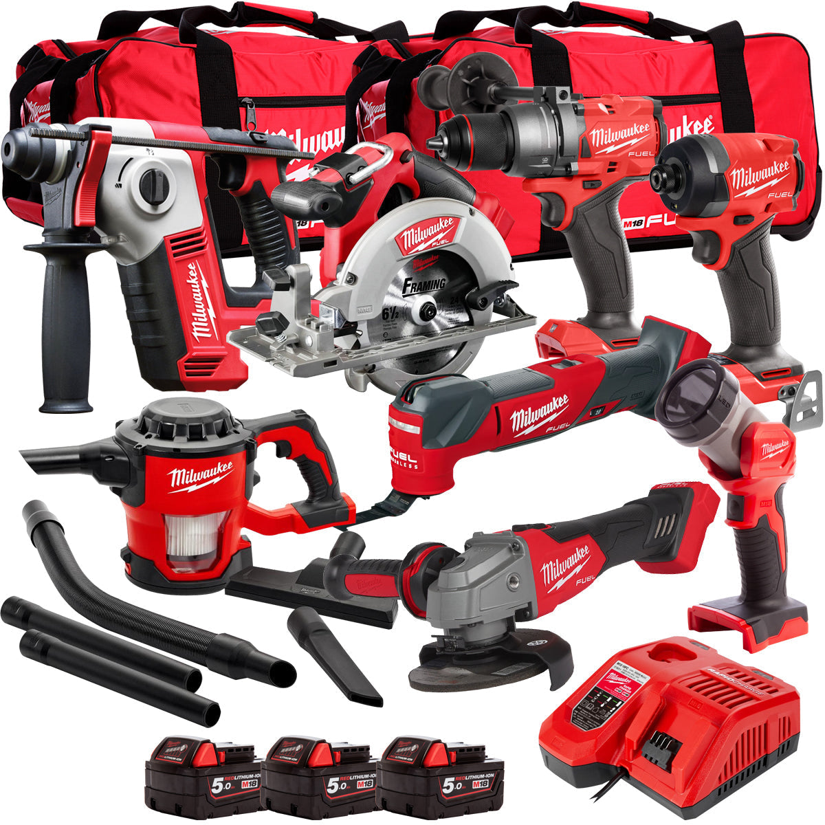 Milwaukee 18V 8 Piece Power Tool Kit with 3 x 5.0Ah Batteries T4TM-24 - MonkeyTools