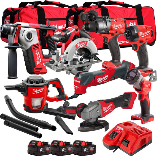 Milwaukee 18V 8 Piece Power Tool Kit with 3 x 5.0Ah Batteries T4TM-24 - MonkeyTools