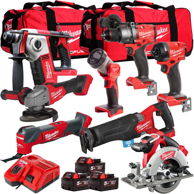 Milwaukee 18V 8 Piece Power Tool Kit with 3 x 5.0Ah Batteries T4TM-29 - MonkeyTools