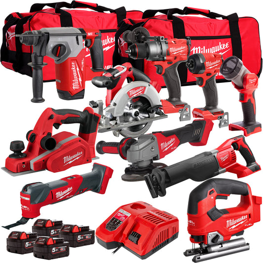 Milwaukee 18V Cordless 10 Piece Tool Kit with 4 x 5.0Ah Batteries & Charger in Bag T4TM-8 - MonkeyTools