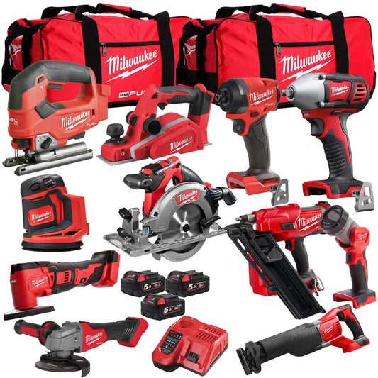 Milwaukee 18V Cordless 11 Piece Tool Kit with 3 x 5.0Ah Batteries & Smart Charger in Bag - MonkeyTools