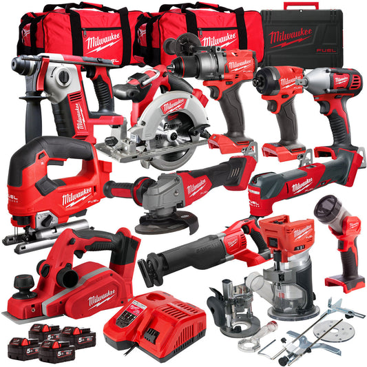 Milwaukee 18V Cordless 12 Piece Tool Kit with 4 x 5.0Ah Batteries & Charger in Bag T4TM-10 - MonkeyTools