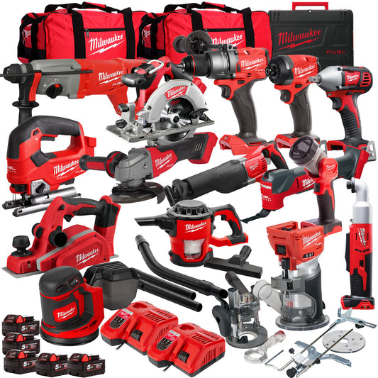 Milwaukee 18V Cordless 15 Piece Tool Kit with 5 x 5.0Ah Batteries & Charger in Bag T4TM-12 - MonkeyTools