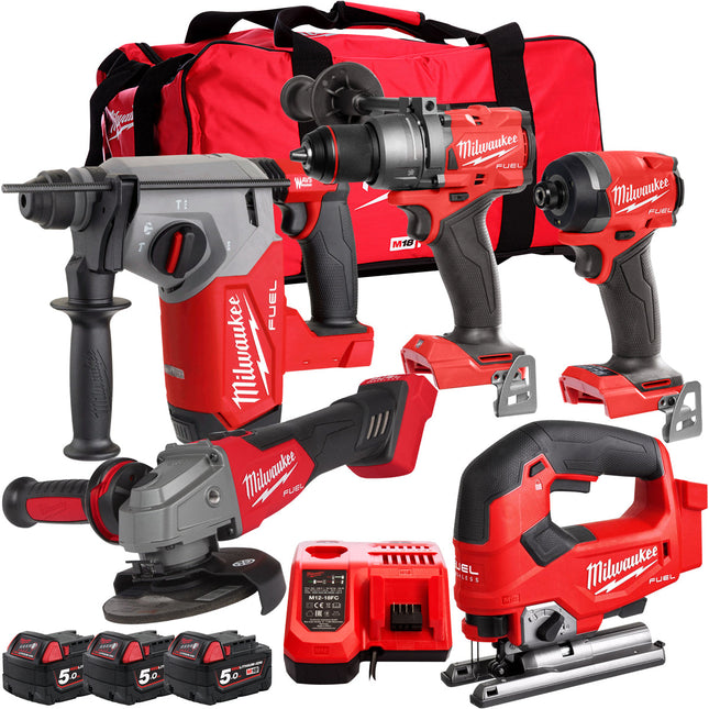 Milwaukee 18V Cordless 5 Piece Tool Kit with 3 x 5.0Ah Batteries & Charger in Bag T4TM-14 - MonkeyTools