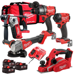 Milwaukee 18V Cordless 5 Piece Tool Kit with 3 x 5.0Ah Batteries & Charger in Bag T4TM-15 - MonkeyTools