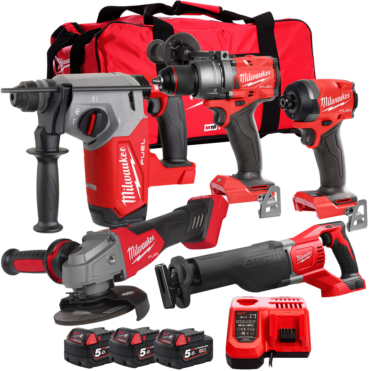 Milwaukee 18V Cordless 5 Piece Tool Kit with 3 x 5.0Ah Batteries & Charger in Bag T4TM-16 - MonkeyTools