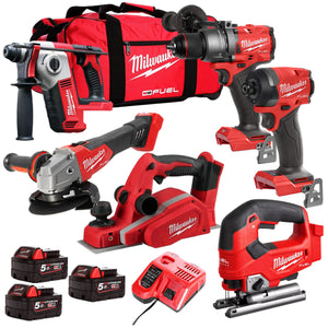 Milwaukee 18V Cordless 6 Piece Tool Kit with 3 x 5.0Ah Batteries & Charger in Bag T4TM-17 - MonkeyTools
