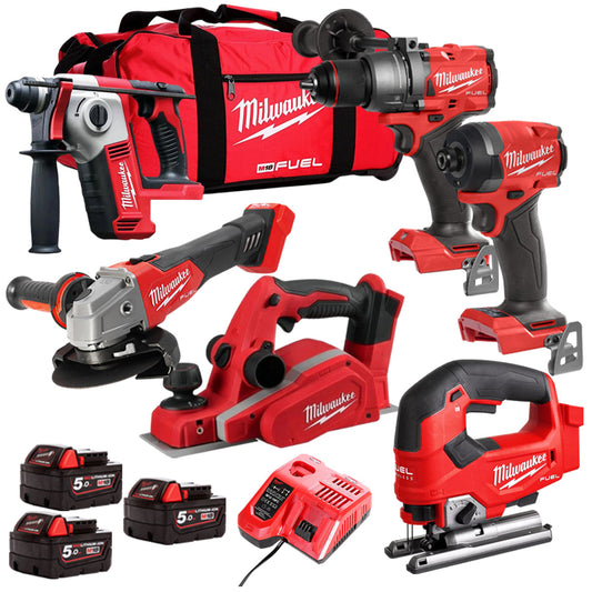 Milwaukee 18V Cordless 6 Piece Tool Kit with 3 x 5.0Ah Batteries & Charger in Bag T4TM-17 - MonkeyTools