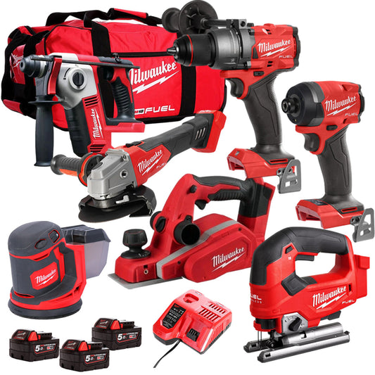 Milwaukee 18V Cordless 7 Piece Tool Kit with 3 x 5.0Ah Batteries & Charger in Bag T4TM-19 - MonkeyTools