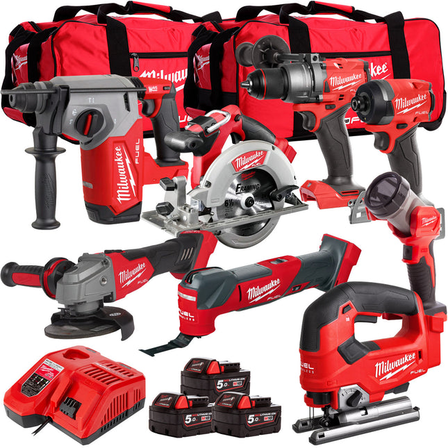 Milwaukee 18V Cordless 8 Piece Tool Kit with 3 x 5.0Ah Batteries & Charger in Bag T4TM-2 - MonkeyTools