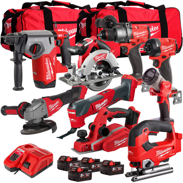 Milwaukee 18V Cordless 9 Piece Tool Kit with 4 x 5.0Ah Batteries & Charger in Bag T4TM-5 - MonkeyTools