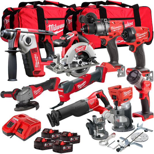 Milwaukee 18V Cordless 9 Piece Tool Kit with 4 x 5.0Ah Batteries & Charger in Bag T4TM-6 - MonkeyTools
