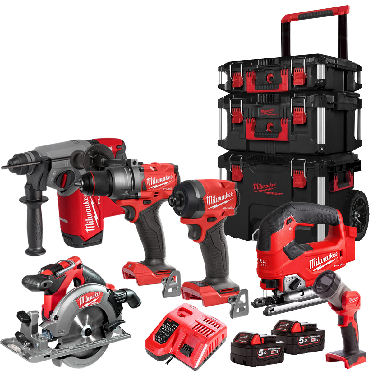 Milwaukee 18V Fuel Brushless 6 Piece Power Tool Kit With 2 x 5.0Ah Battery Charger & Trolley Toolbox - MonkeyTools