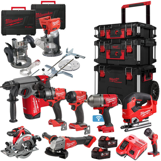 Milwaukee 18V Fuel Brushless 9 Piece Power Tool Kit With 2 x 5.0Ah Battery Charger & Trolley Toolbox - MonkeyTools