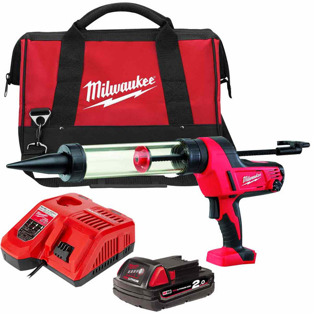 Milwaukee C18PCG/400T-201B 18V Caulking Gun Transparent Tube 400ml with 1 x 2.0Ah Battery & Charger 4933441814 - MonkeyTools