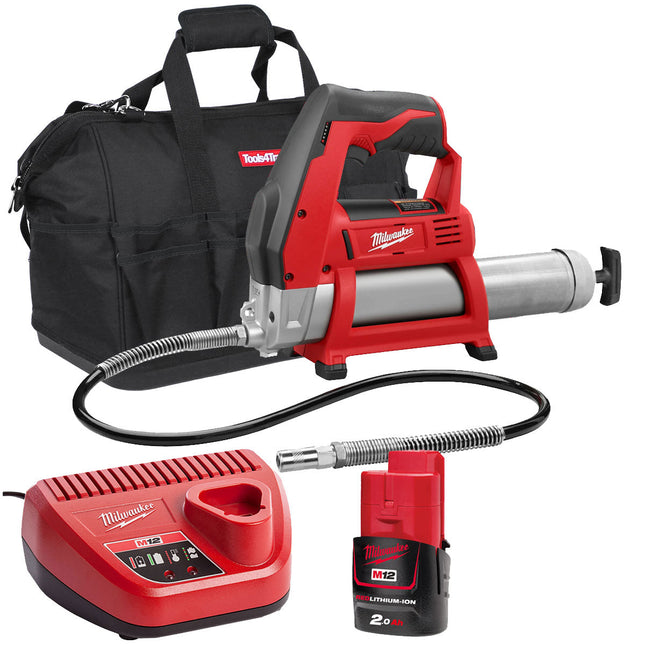 Milwaukee M12GG-0 12V Cordless Grease Gun with 1 x 2.0Ah Battery & Charger in Bag - MonkeyTools