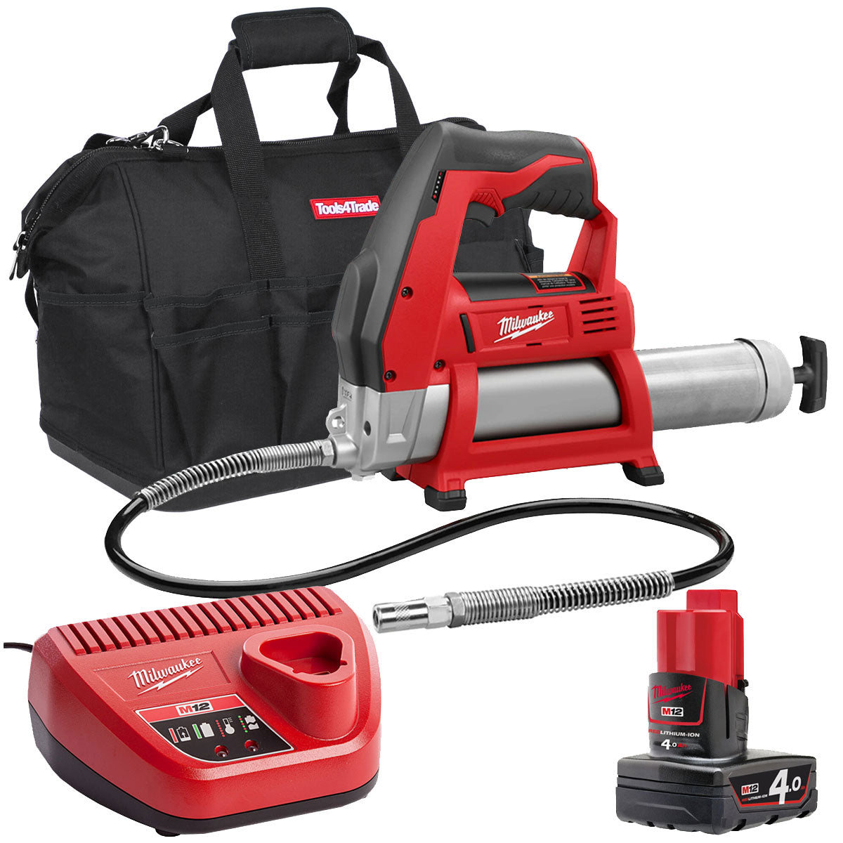 Milwaukee M12GG-0 12V Cordless Grease Gun with 1 x 4.0Ah Battery & Charger in Bag - MonkeyTools