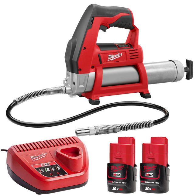 Milwaukee M12GG-0 12V Cordless Grease Gun with 2 x 2.0Ah Batteries & Charger - MonkeyTools