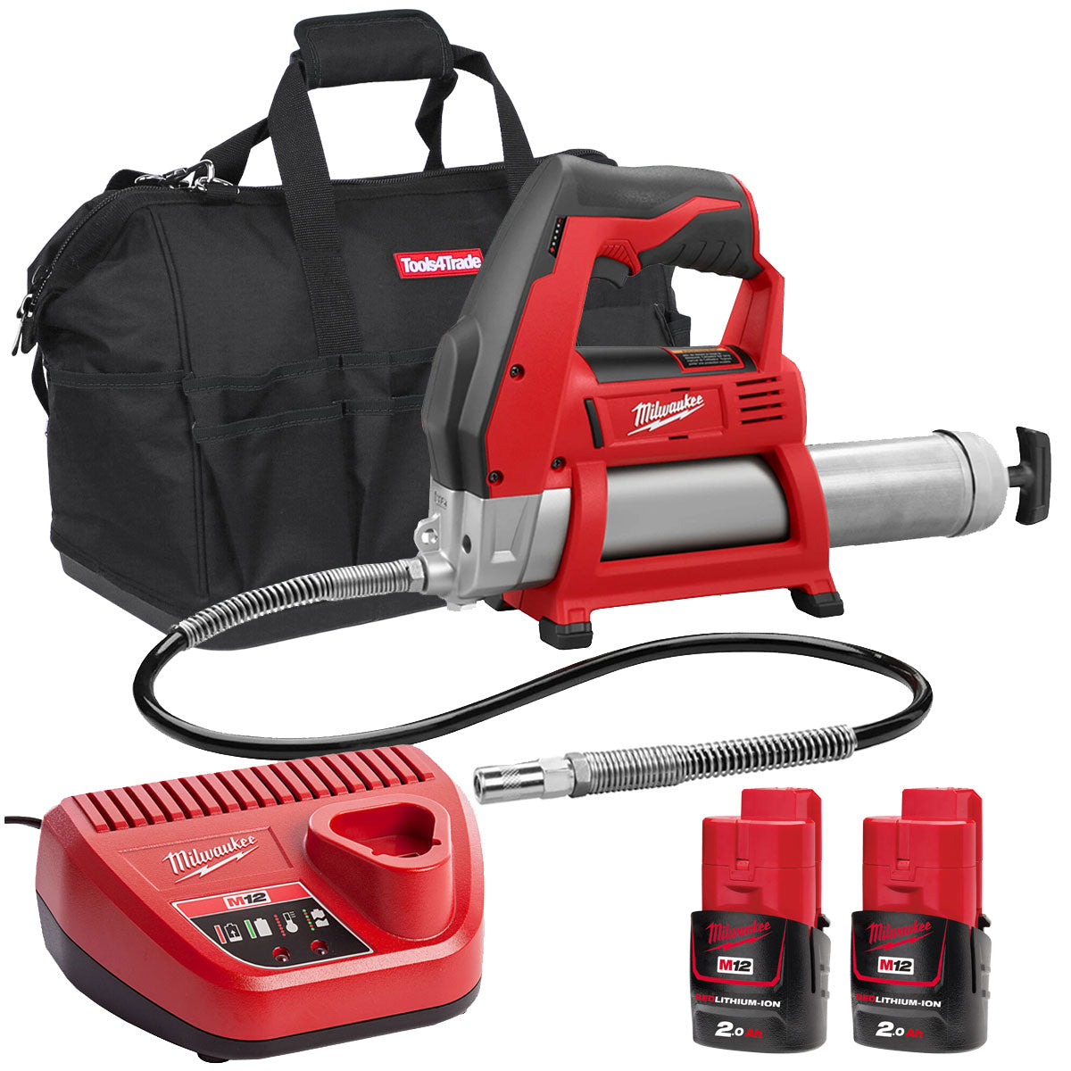 Milwaukee M12GG-0 12V Cordless Grease Gun with 2 x 2.0Ah Batteries & Charger in Bag - MonkeyTools