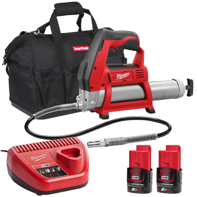 Milwaukee M12GG-0 12V Cordless Grease Gun with 2 x 2.0Ah Batteries & Charger in Bag - MonkeyTools
