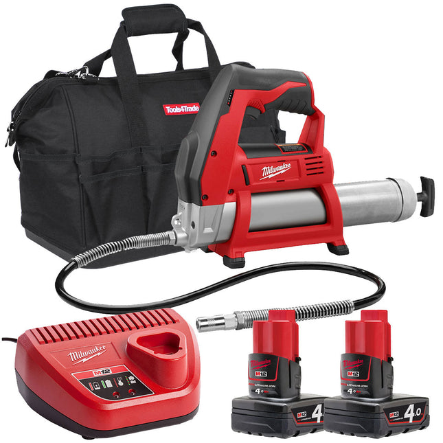Milwaukee M12GG-0 12V Cordless Grease Gun with 2 x 4.0Ah Batteries & Charger in Bag - MonkeyTools