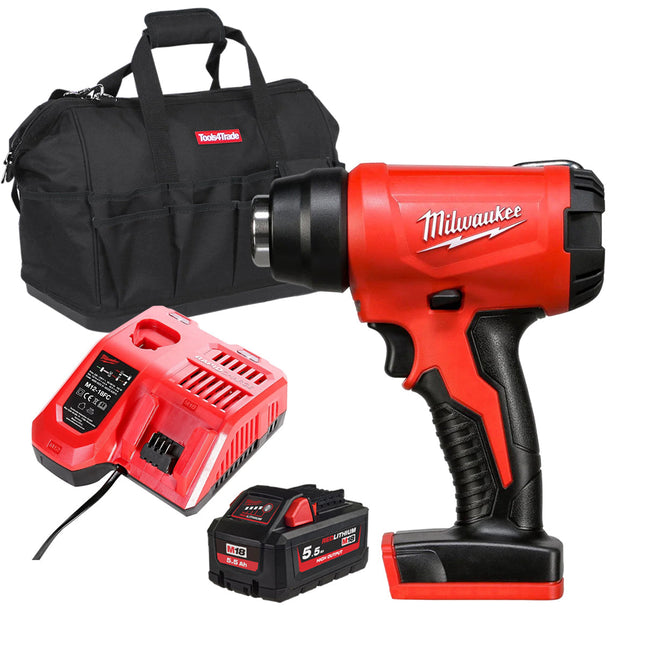 Milwaukee M18BHG-0 18V Cordless Compact Heat Gun with 1 x 5.5Ah Battery Charger & Bag - MonkeyTools