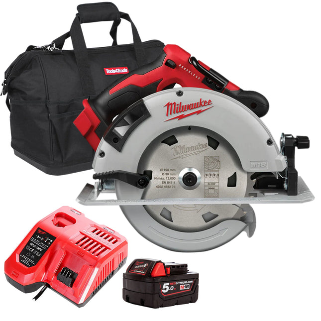 Milwaukee M18BLCS66-0 18V Brushless Circular Saw with 1 x 5.0Ah Battery Charger & Bag - MonkeyTools