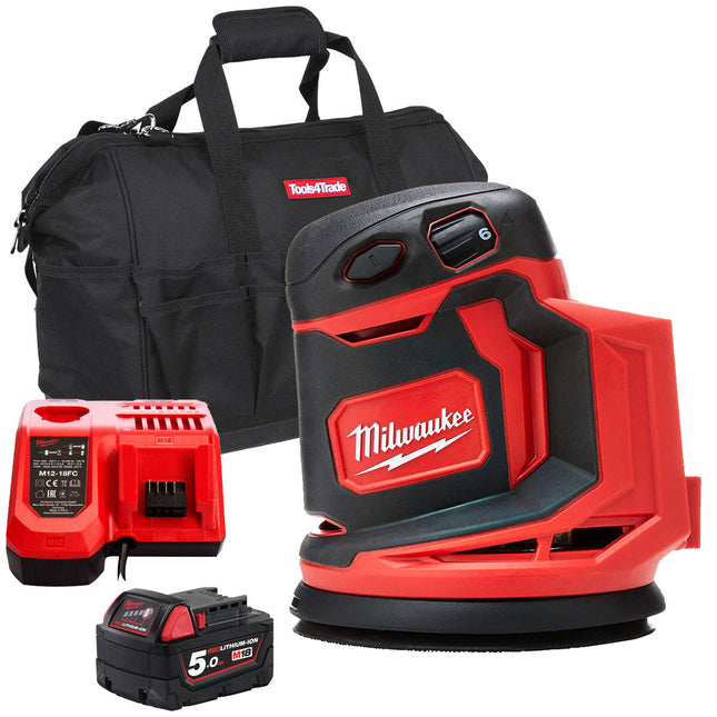 Milwaukee M18BOS125-0 18V 125mm Random Orbital Sander with 1 x 5.0Ah Battery Charger & Bag - MonkeyTools