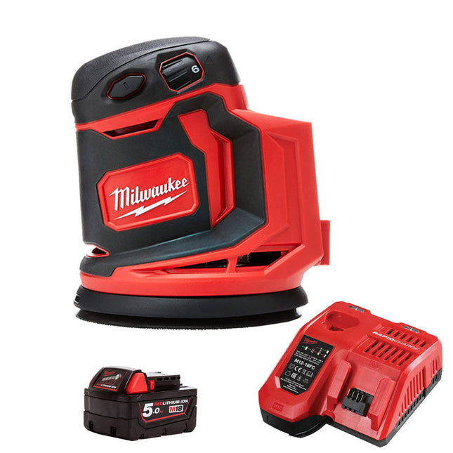 Milwaukee M18BOS125-0 18V 125mm Random Orbital Sander with 1 x 5.0Ah Battery & Fast Charger - MonkeyTools