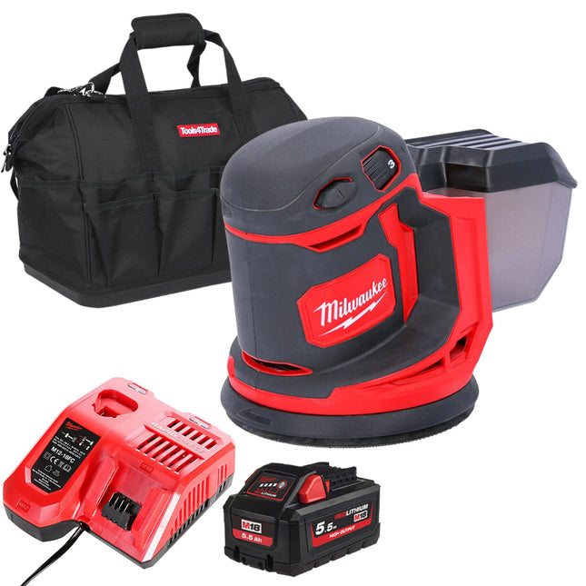 Milwaukee M18BOS125-0 18V 125mm Random Orbital Sander with 1 x 5.5Ah Battery Charger & Bag - MonkeyTools