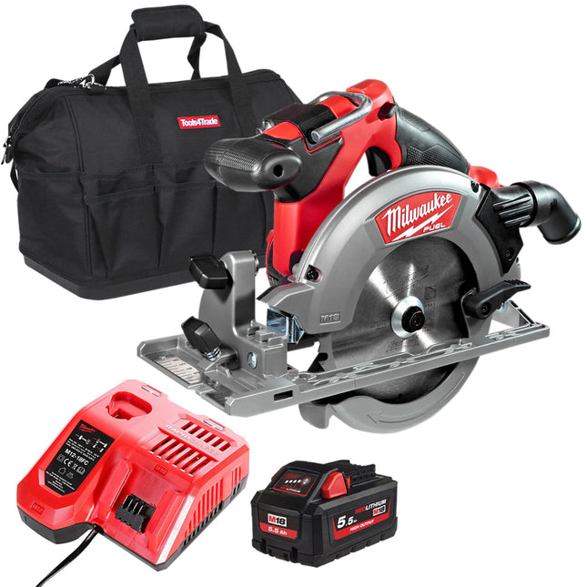 Milwaukee M18CCS55-0 18V M18 Fuel Brushless 165mm Circular Saw with 1 x 5.5Ah Battery Charger & Bag - MonkeyTools