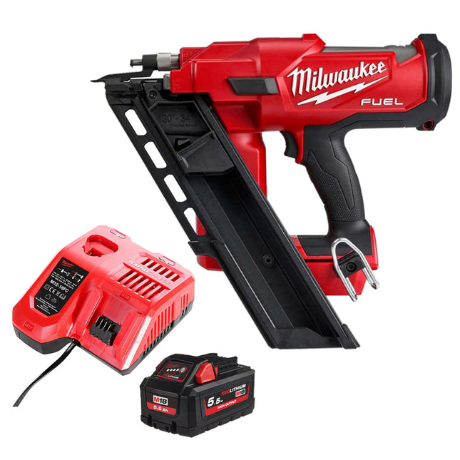 Milwaukee M18FFN-0C 18V Fuel Brushless First Fix Angled Framing Nailer with 1 x 5.5Ah Battery & Charger - MonkeyTools