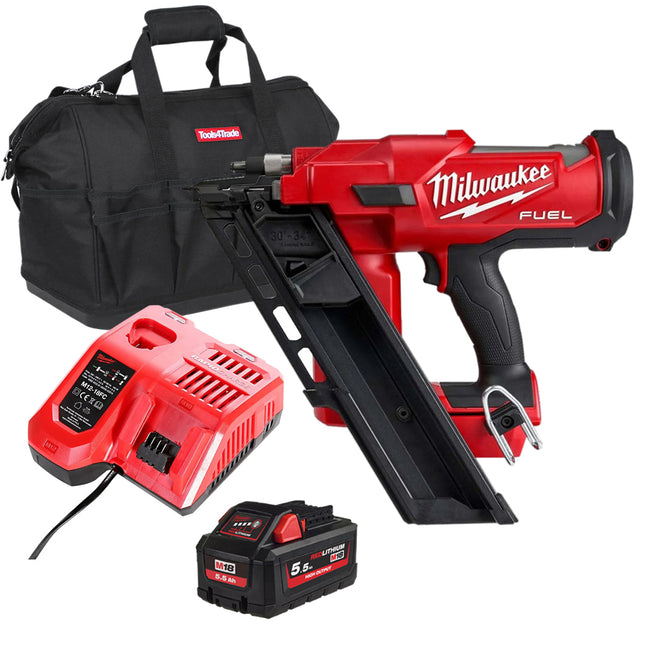 Milwaukee M18FFN-0C 18V Fuel Brushless First Fix Angled Framing Nailer with 1 x 5.5Ah Battery Charger & Bag - MonkeyTools
