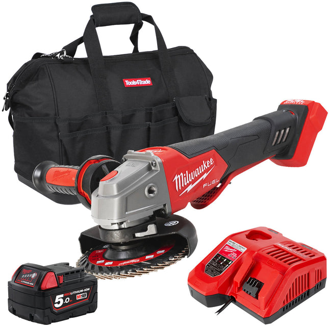Milwaukee M18FSAGV115XPDB-0 18V FUEL 115mm Angle Grinder with 1 x 5.0Ah Battery Charger & Bag - MonkeyTools