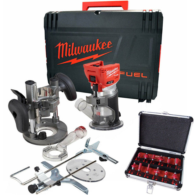 Milwaukee M18FTR-0 18V Brushless Trim Router in Case + 1/4" 12 Piece Cutter Set - MonkeyTools