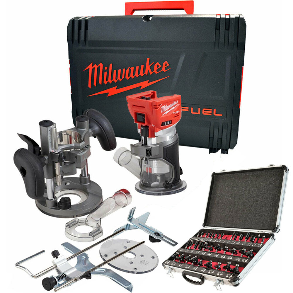 Milwaukee M18FTR-0 18V Brushless Trim Router in Case + 1/4" 35 Piece Cutter Set - MonkeyTools