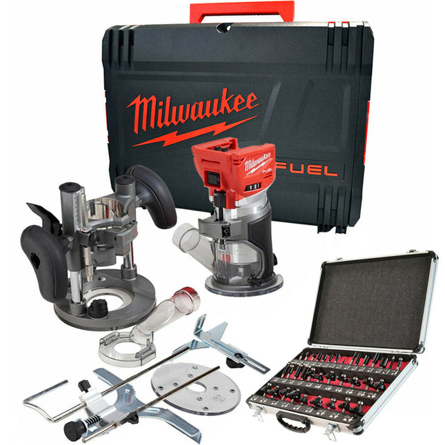 Milwaukee M18FTR-0 18V Brushless Trim Router in Case + 1/4" 35 Piece Cutter Set - MonkeyTools