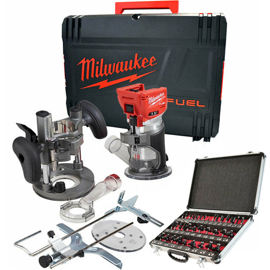 Milwaukee M18FTR-0 18V Brushless Trim Router in Case + 1/4" 35 Piece Cutter Set - MonkeyTools