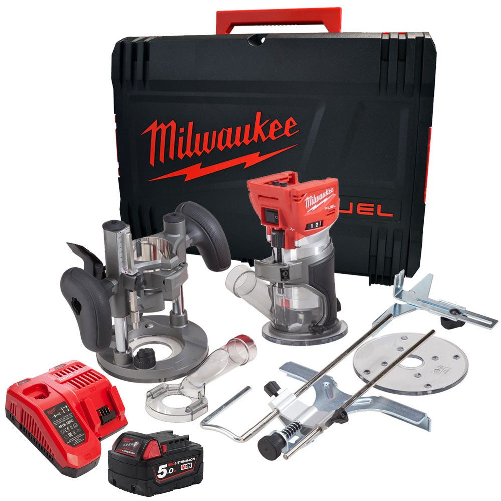 Milwaukee M18FTR-0 18V Brushless Trim Router with 1 x 5.0Ah Battery Charger in Case - MonkeyTools