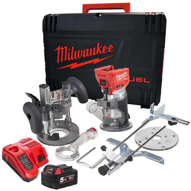 Milwaukee M18FTR-0 18V Brushless Trim Router with 1 x 5.0Ah Battery Charger in Case - MonkeyTools