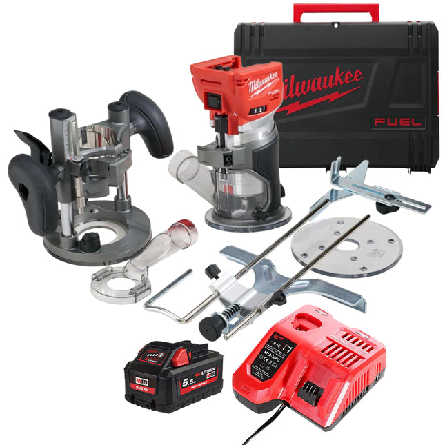 Milwaukee M18FTR-0X M18 18V Brushless FUEL Trimmer Router with 1 x 5.5Ah Battery Charger & Case - MonkeyTools