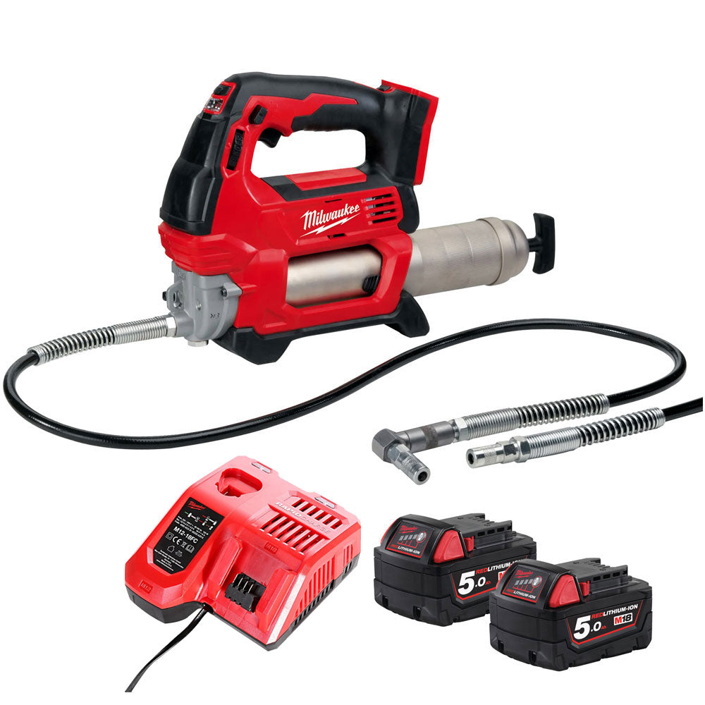Milwaukee M18GG-0 18V M18 Cordless Grease Gun with 2 x 5.0Ah Batteries & Charger - MonkeyTools