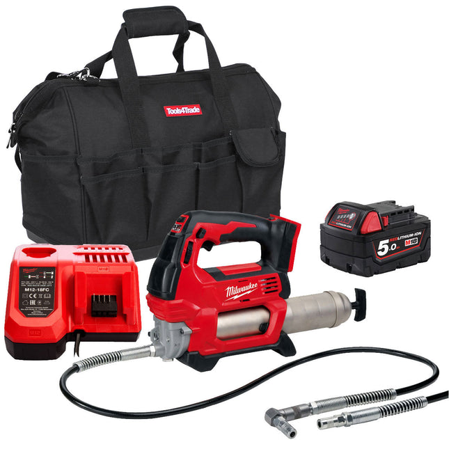 Milwaukee M18GG-0 18V M18 Grease Gun with 1 x 5.0Ah Battery Charger & Bag - MonkeyTools