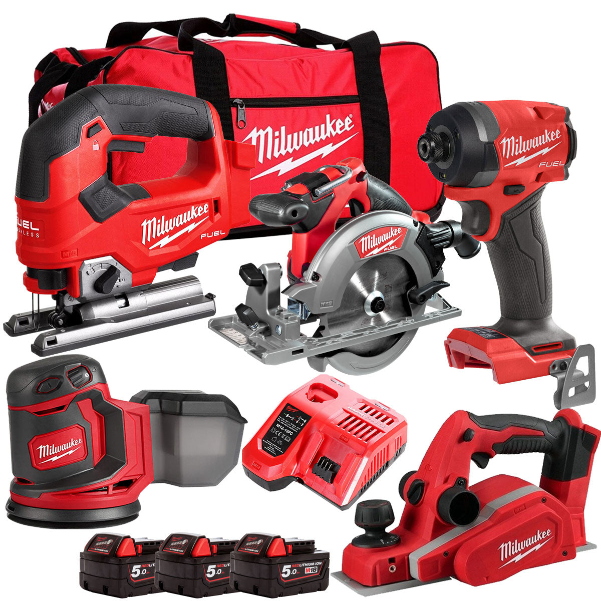Milwaukee M18PP5C-503B 18V FUEL Woodworking 5 Piece Kit with 3 x 5.0Ah Batteries & Charger 4933480469 - MonkeyTools